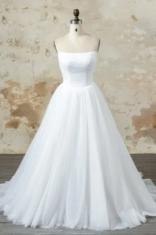 simple strapless pleated tulle v waist wedding ball gown