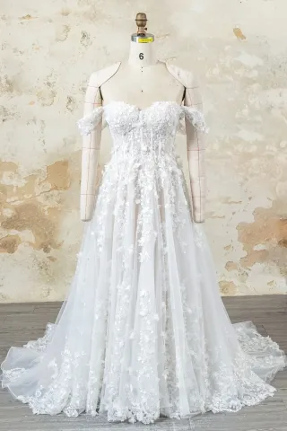 3d flower lace off the shoulder garden wedding dress