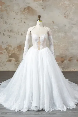 cat eye neck illusion lace basque waist wedding ball gown