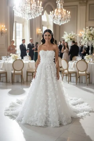 3D petal lace strapless wedding gown