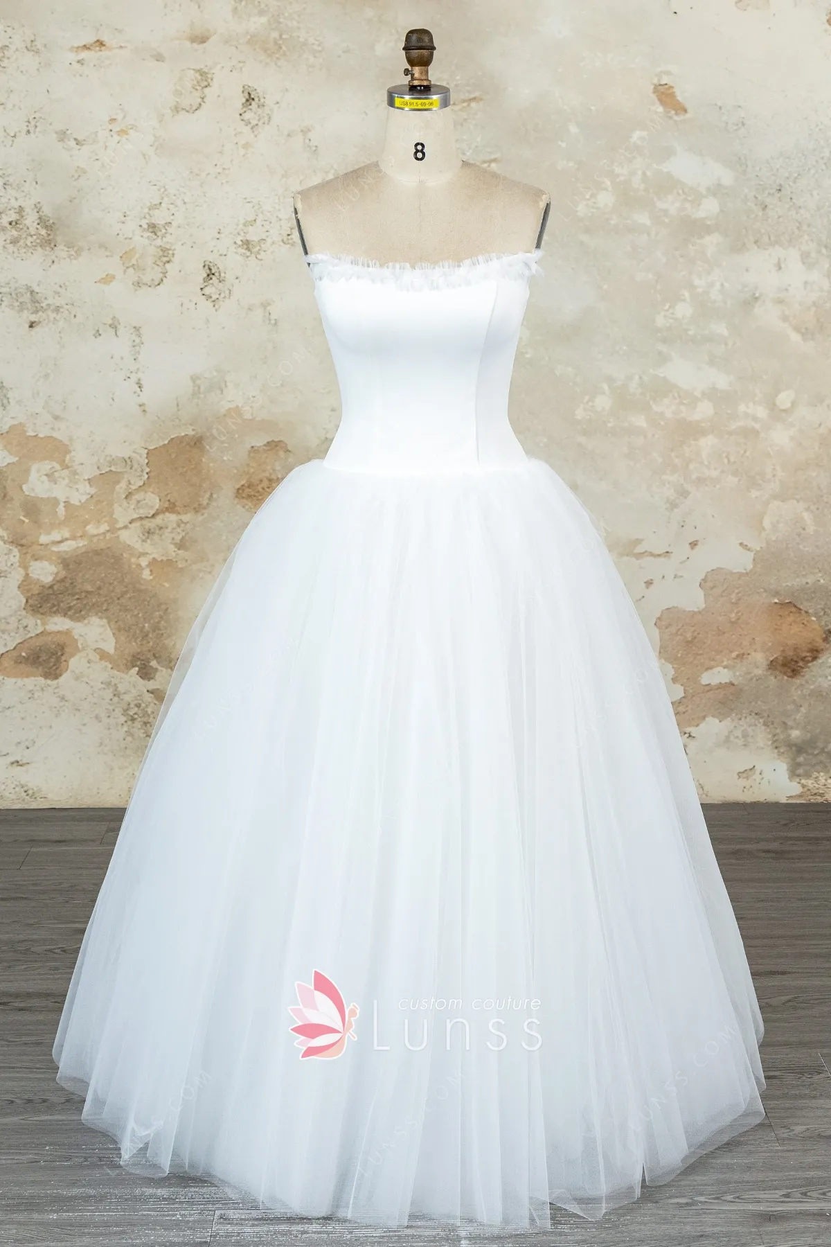 ruffled trim strapless satin tulle wedding ball gown1 ruffled trim strapless satin tulle wedding ball gown1