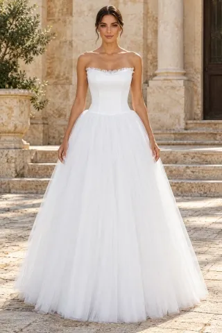 ruffled trim strapless wedding gown