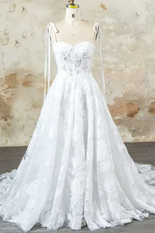 spaghetti straps sweetheart neck floral lace bridal dress