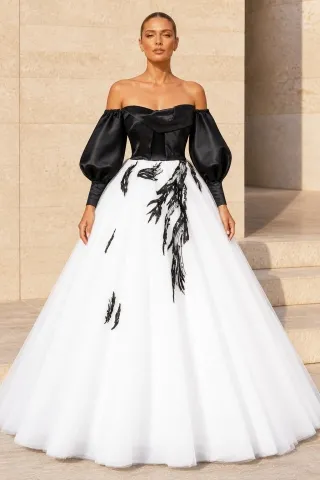 black and white off shoulder wedding ball gown