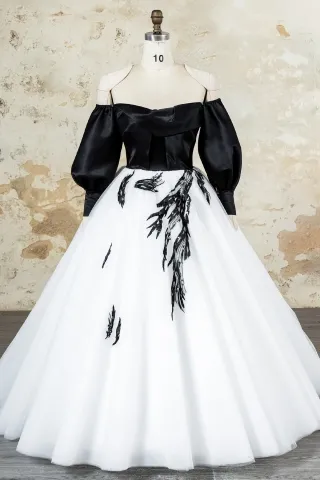 black white off shoulder long sleeve wedding ball gown