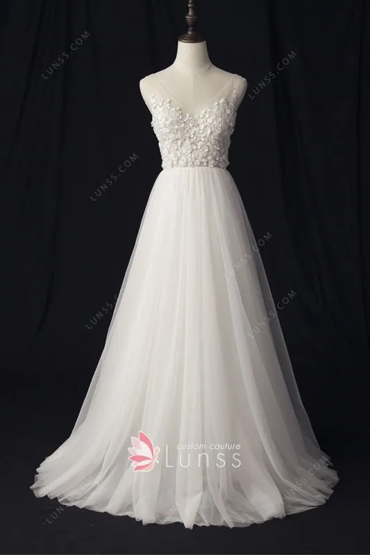 Floral Embellished Vneckline Ivory Tulle Wedding Dress Lunss
