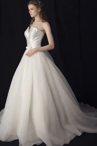 strapless v cut satin and organza simple wedding gown