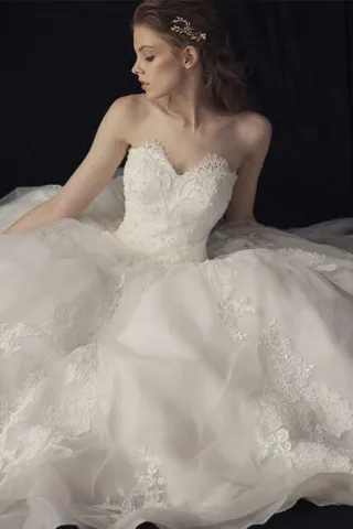 gorgeous pearled lace sweetheart long train wedding dress