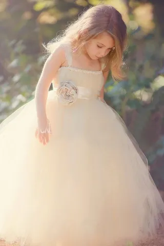 champagne tulle puffy ball gown custom flower girl dress spaghetti straps