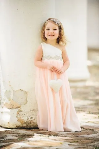 white and pink two tone one shoulder flower gril dress
