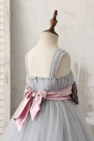 gray tulle flower girl dress with pink satin sash