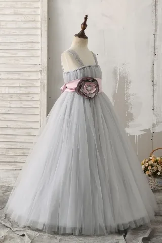 silver gray tulle flower girl dress