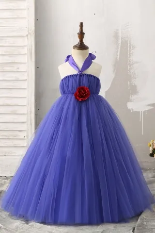 3d rose halter royal blue flower girl ball gown