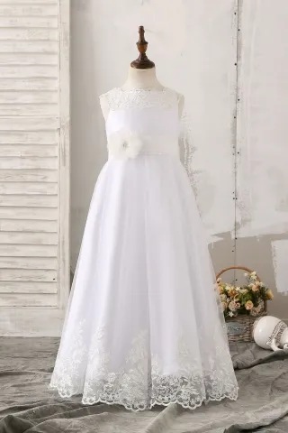 A line 3D flower and Sash floor length sleeveless White Tulle Flower Girl Dress