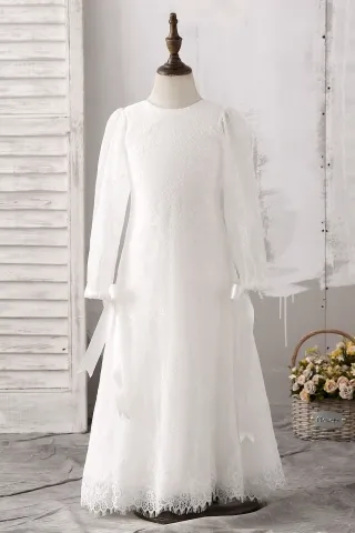 lace appliques jewel neckline long sleeves floor length white flower girl dress