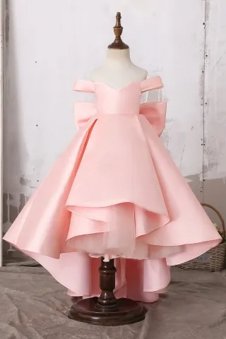 Lovely Off Shoulder Baby Pink Princess High Low Satin Flower Girl Dress with Big Bowknot for Birthday