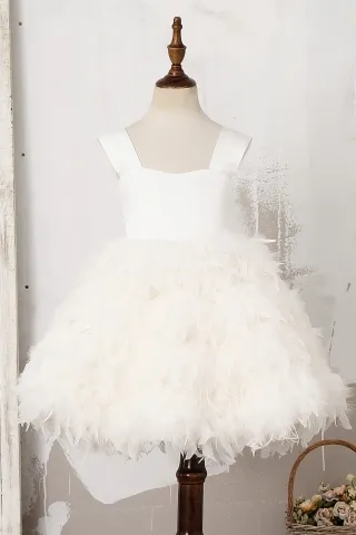 Lovely Handmade Ivory Feather Puffy Knee Length Flower Girl Dress