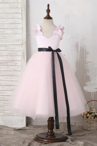 Custom Made Light Pink Ruffled Straps Tea Length Flower Girl Dress with Detachable Sash