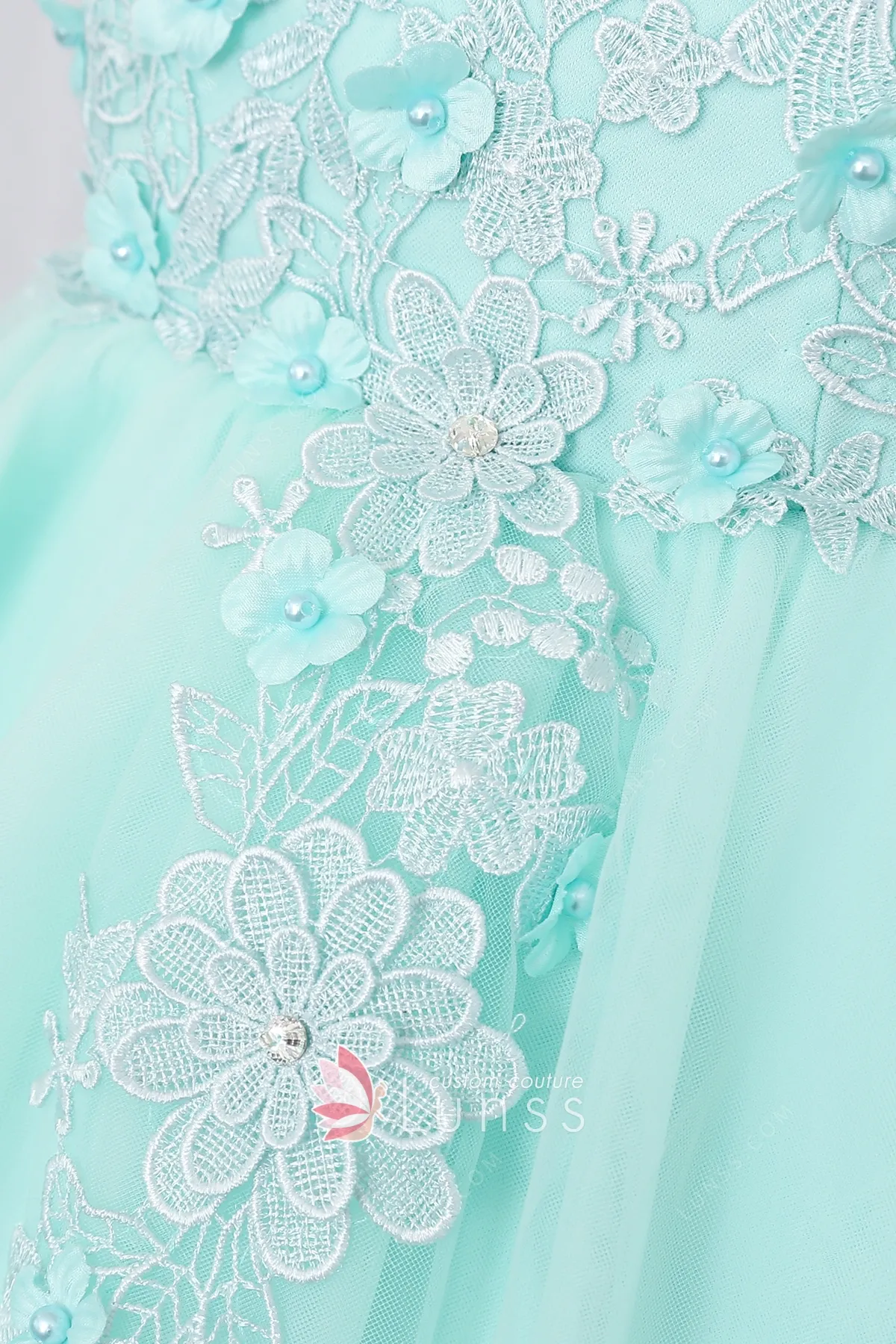 Princess Mint Bubble Sleeve Lace Flower Girl Dress - Lunss