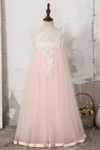 white lace and blush tulle flower girl dress
