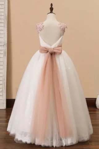 Ivory open back ballgown flower girl dress with vintage mauve tulle belt