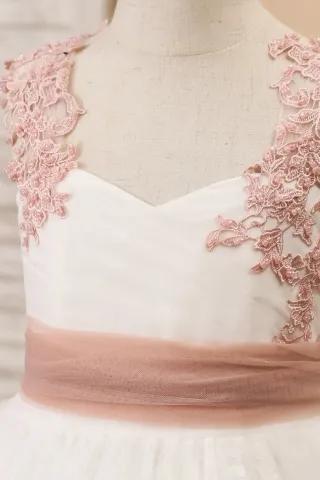 vintage mauve lace and tulle adorned ivory girl dress