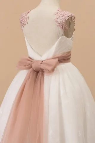 vintage mauve lace and tulle adorned ivory open back flower girl dress