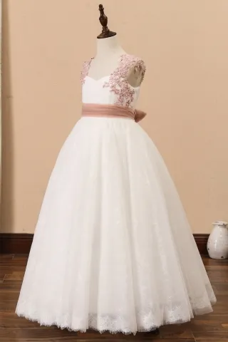 vintage mauve lace cap sleeve floor length flower girl dress