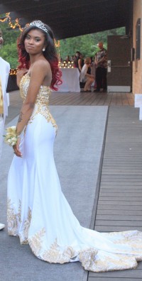 custom made prom dress with gold appliques