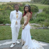 gold lace appliqued white prom dress