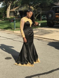illusion gold appliqued black prom dress