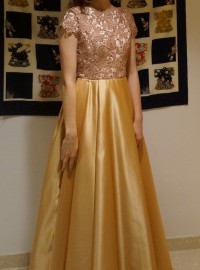 gorgeous gold lace and satin prom dress