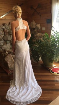 White Halter Long Mermaid Wedding Dress with Side Slit
