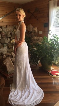 White Lace Halter Neck Long Mermaid Dress with Side Slit