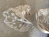 impressed charmeuse bridesmaid dress with lace train