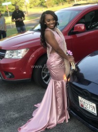 rose pink floral lace and satin prom dress