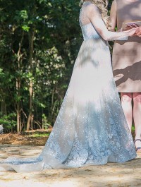 sheer blue lace appliqued bridal dress