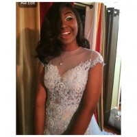 illusion V neck sky blue lace prom dress