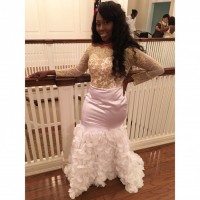 illusion off the shoulder gold lace top fitted floral bottom prom dress