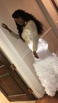 off the shoulder gold lace top and fitted floral bottom prom dress
