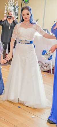 white fit and flare tulle wedding dress