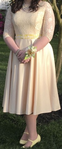 Champagne 3 4 sleeve lace beautiful tea length dress