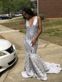 Silver Plunging Bombshell Sequin Prom Dress with 3D Rosettes Bottom
