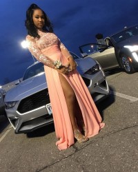 long sleeve peach prom dress