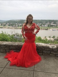BEAUTIFUL RED LONG SLEEVE TRUMPET PROM DRESS