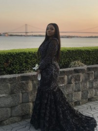 black long sleeve beaded lace 3D floral mermaid prom dress