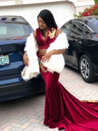 custom made burgundy two piece prom dress with longer train