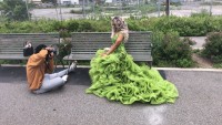 olive green ruffled gown