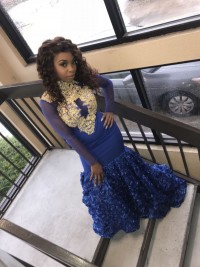 3D floral royal blue mermaid custom made prom dress with gold lace appliques