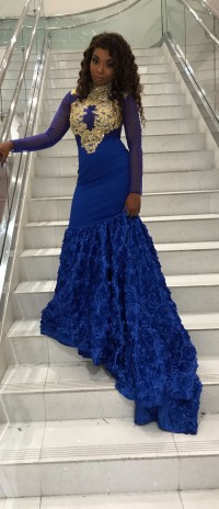royal blue mermaid custom prom dress with gold lace appliques